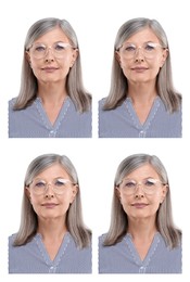 Image of Portrait of mature woman on white background, set. Passport photo