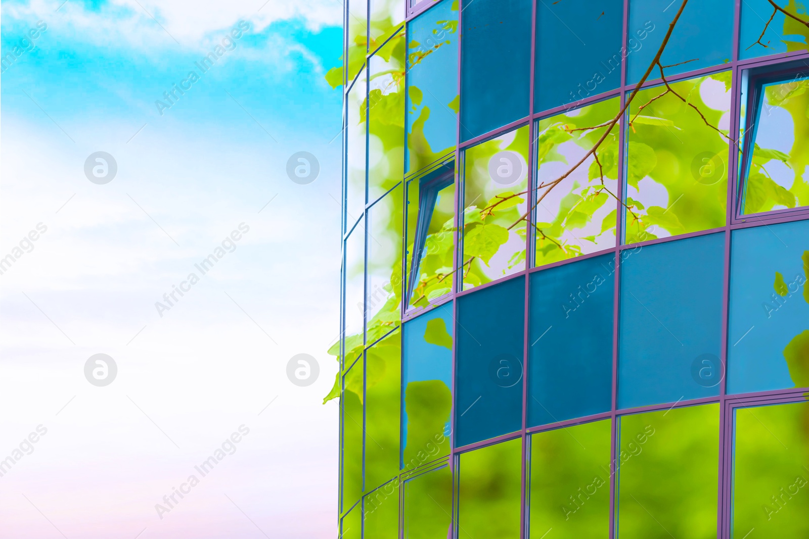 Image of Environment. Modern building and tree, double exposure