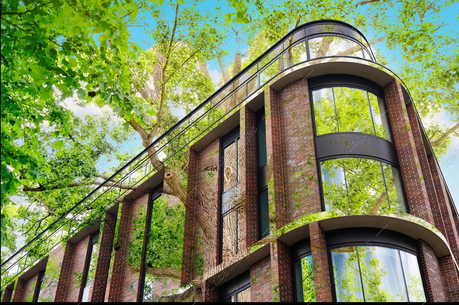 Image of Environment. Modern building and tree, double exposure