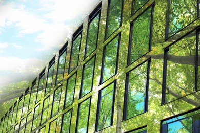 Image of Environment. Modern building and trees, double exposure