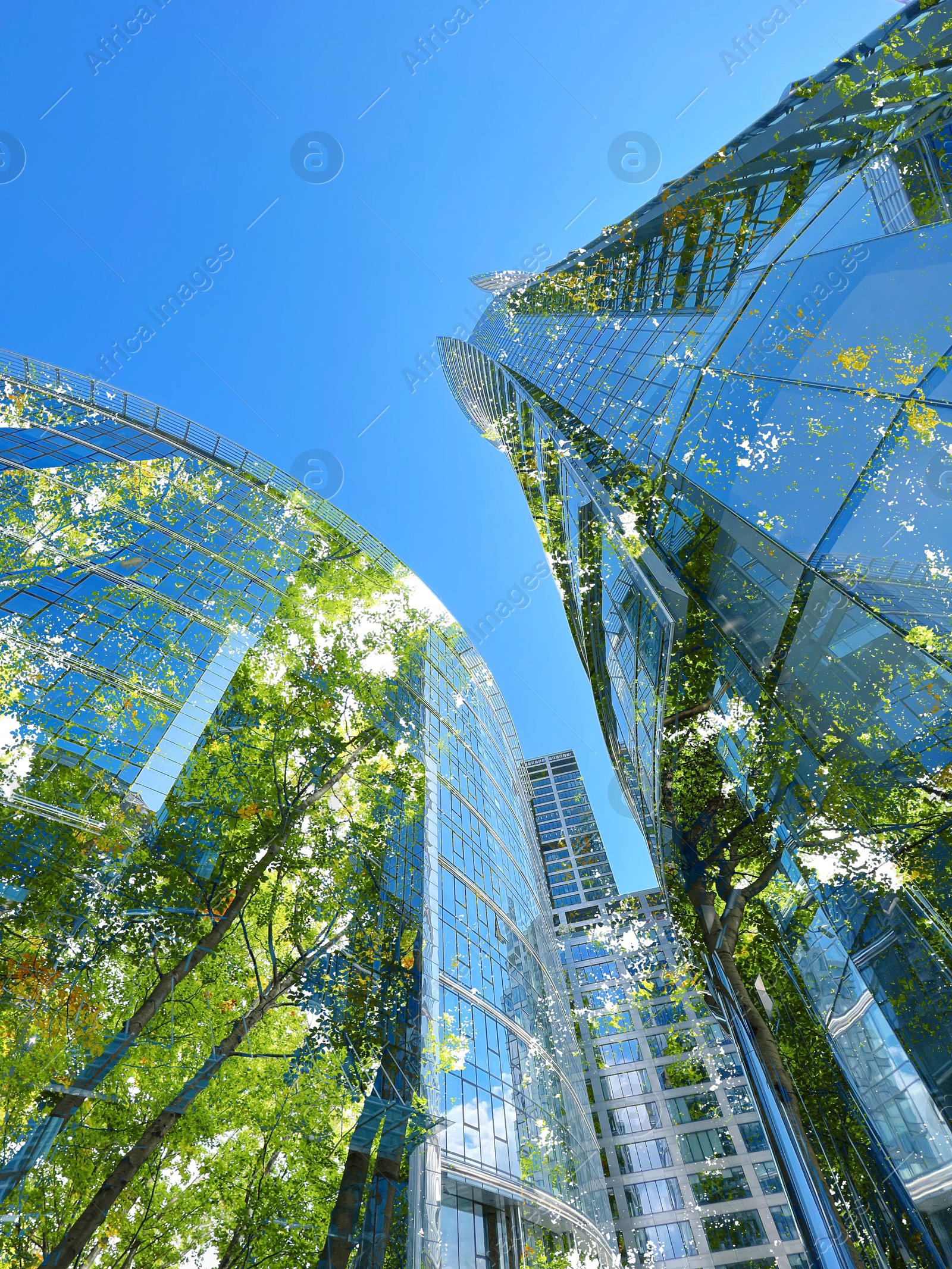 Image of Environment. Modern buildings and trees, double exposure