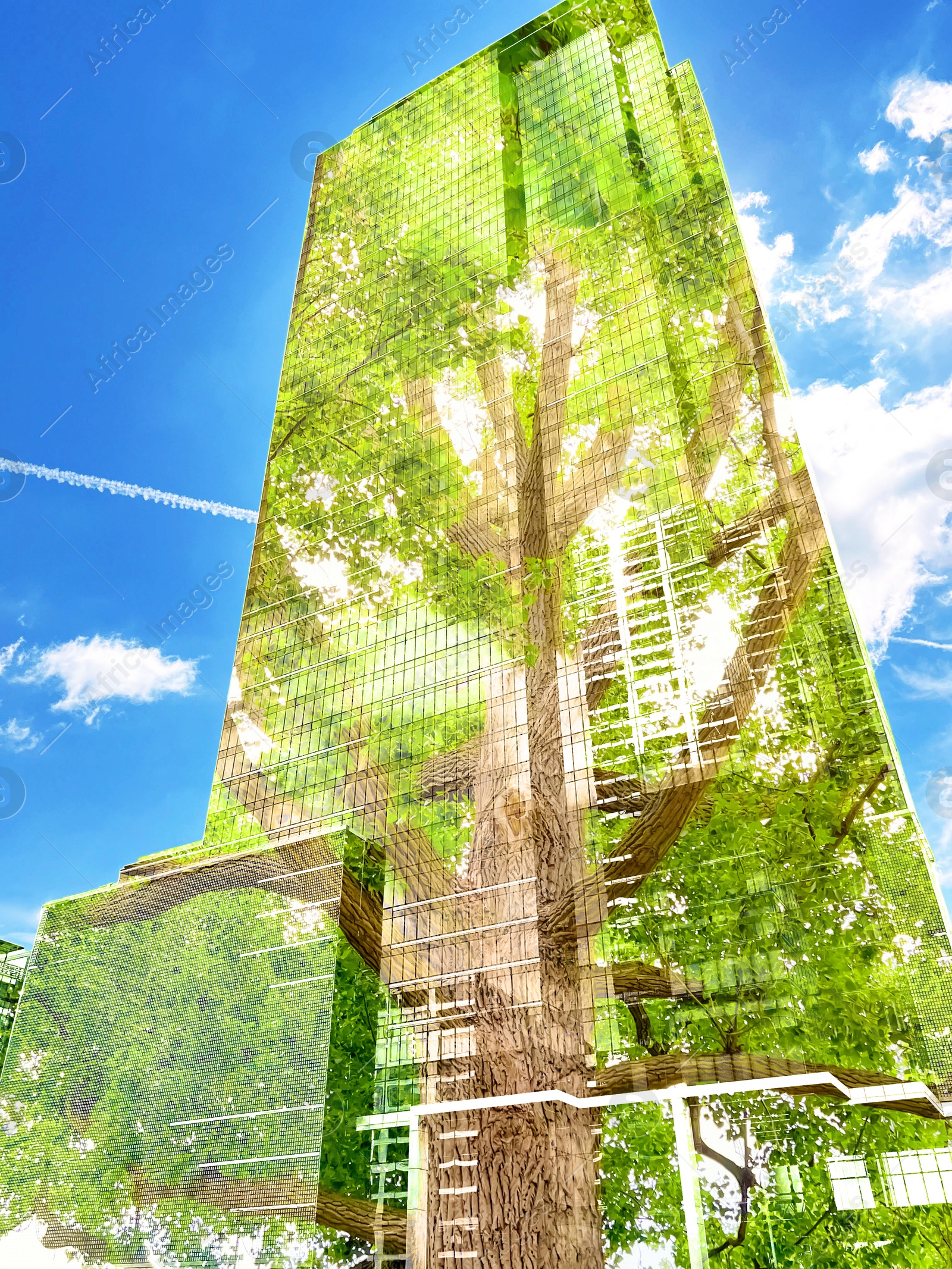 Image of Environment. Modern building and green tree, double exposure