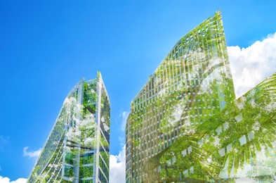 Image of Environment. Modern buildings and green trees, double exposure