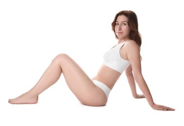 Photo of Woman with slim body posing on white background