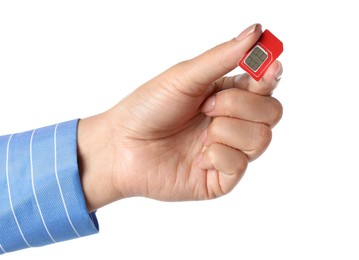 Photo of Woman with SIM card on white background, closeup