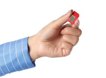 Photo of Woman with SIM card on white background, closeup