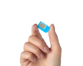 Photo of Woman with SIM card on white background, closeup