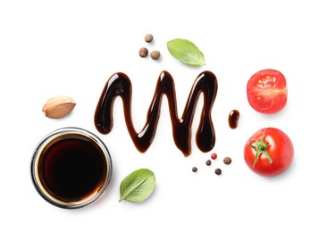 Photo of Delicious balsamic vinegar, tomatoes, basil, garlic and peppercorns isolated on white, top view