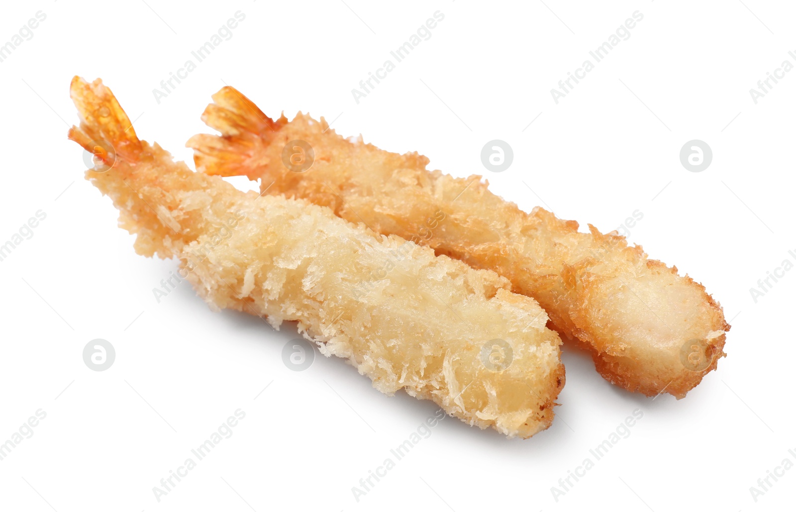 Photo of Tasty breaded fried shrimps isolated on white