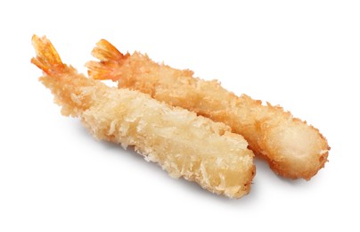 Photo of Tasty breaded fried shrimps isolated on white