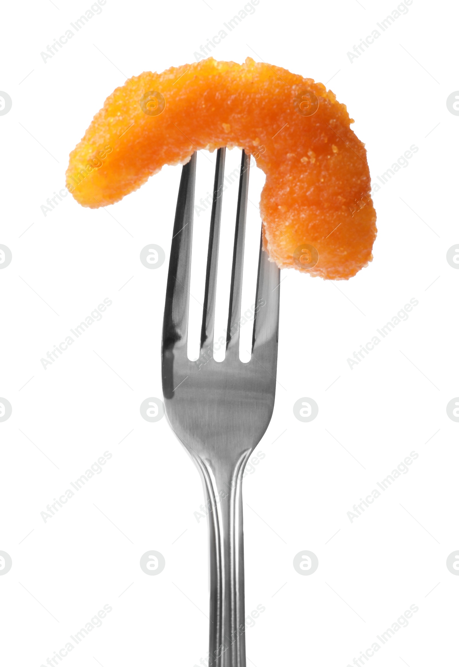 Photo of Fork with tasty fried shrimp isolated on white