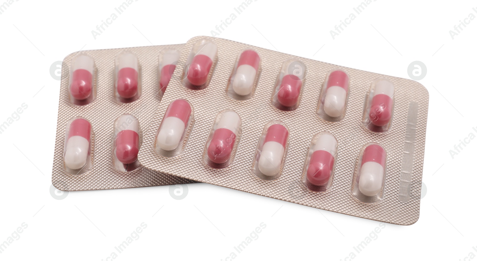 Photo of Antibiotic pills in blisters isolated on white