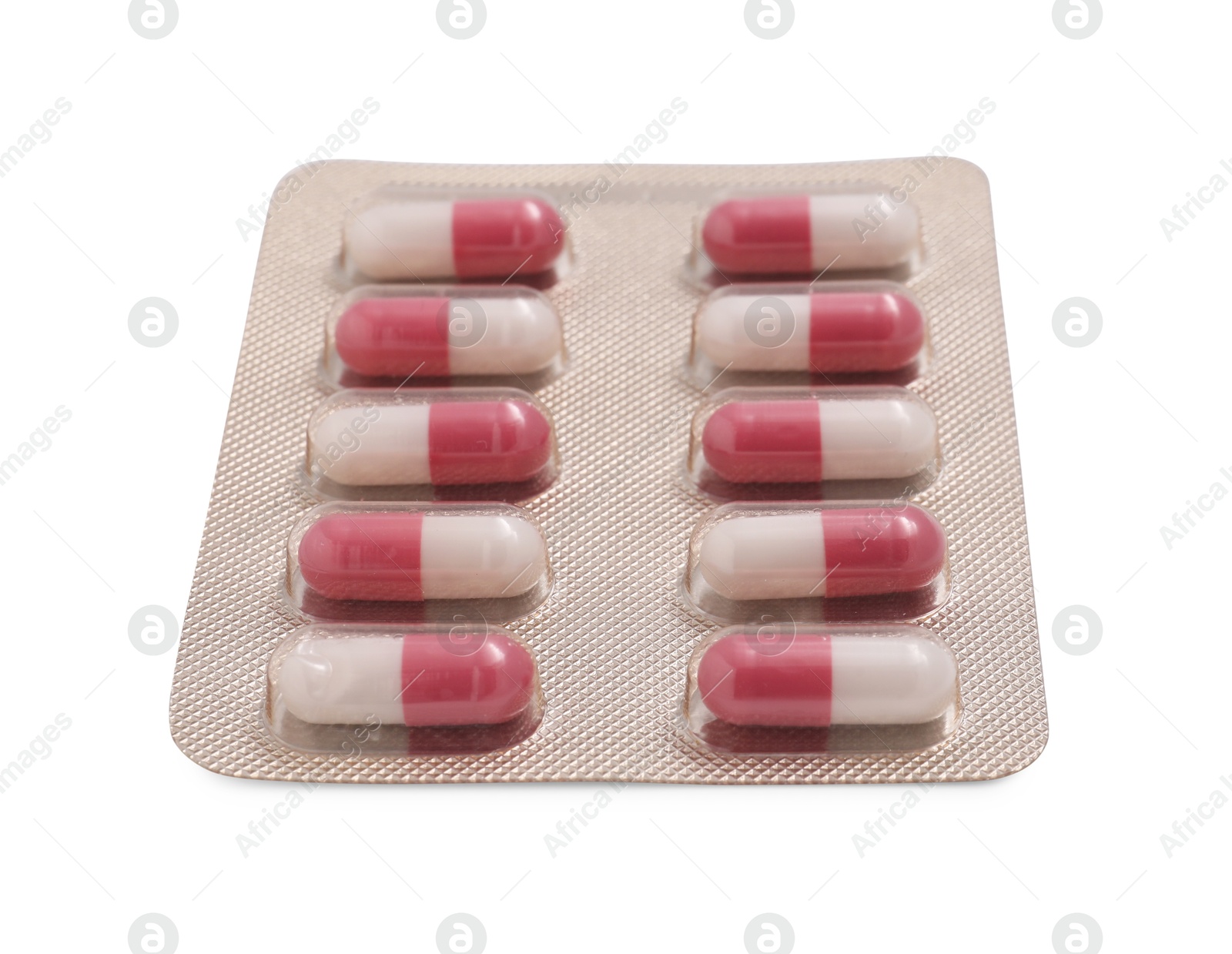 Photo of Antibiotic pills in blister isolated on white