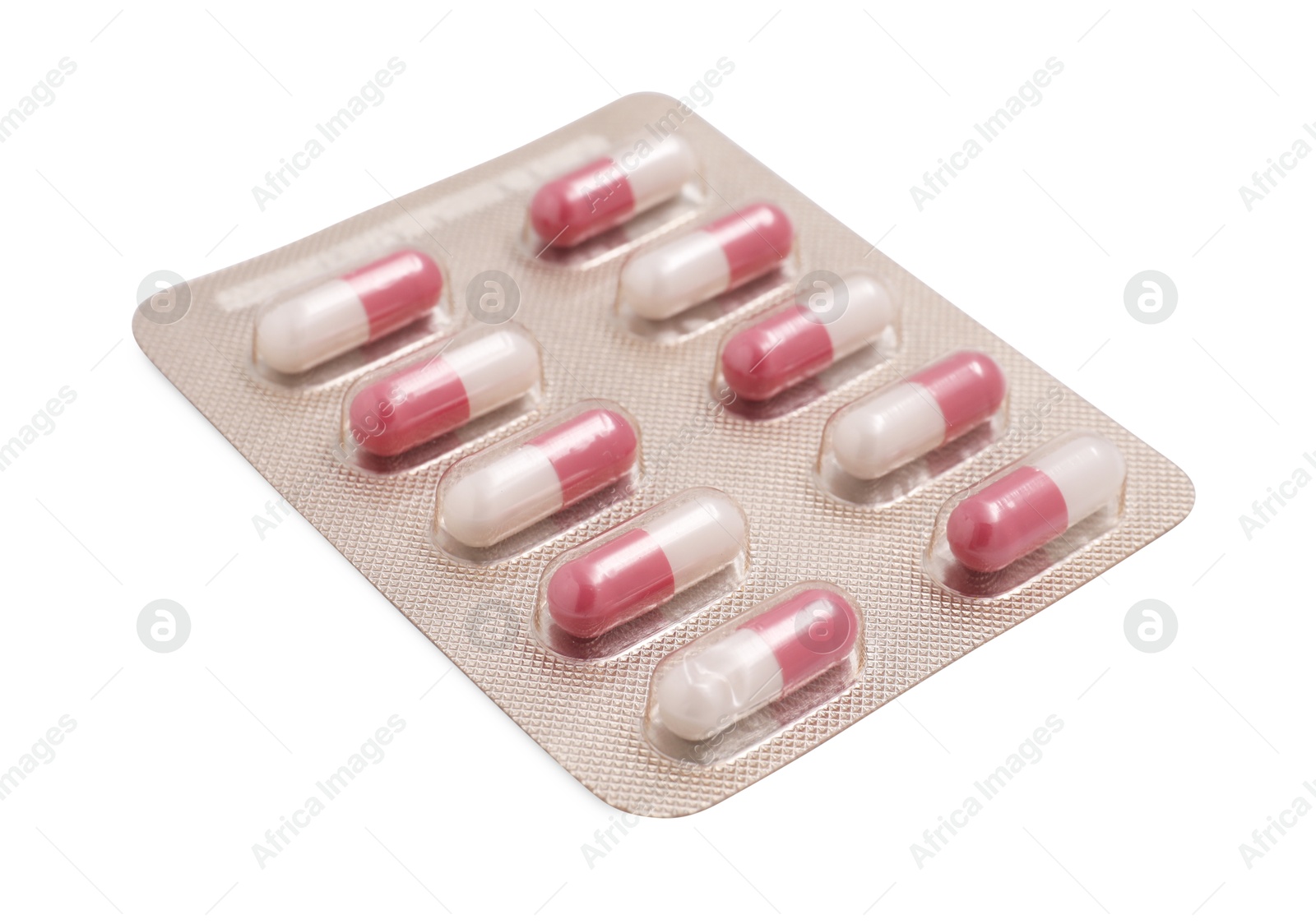 Photo of Antibiotic pills in blister isolated on white