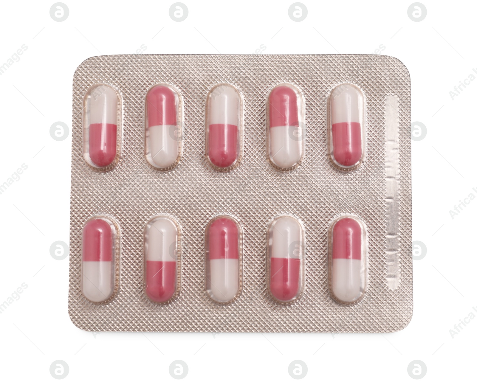 Photo of Antibiotic pills in blister isolated on white, top view