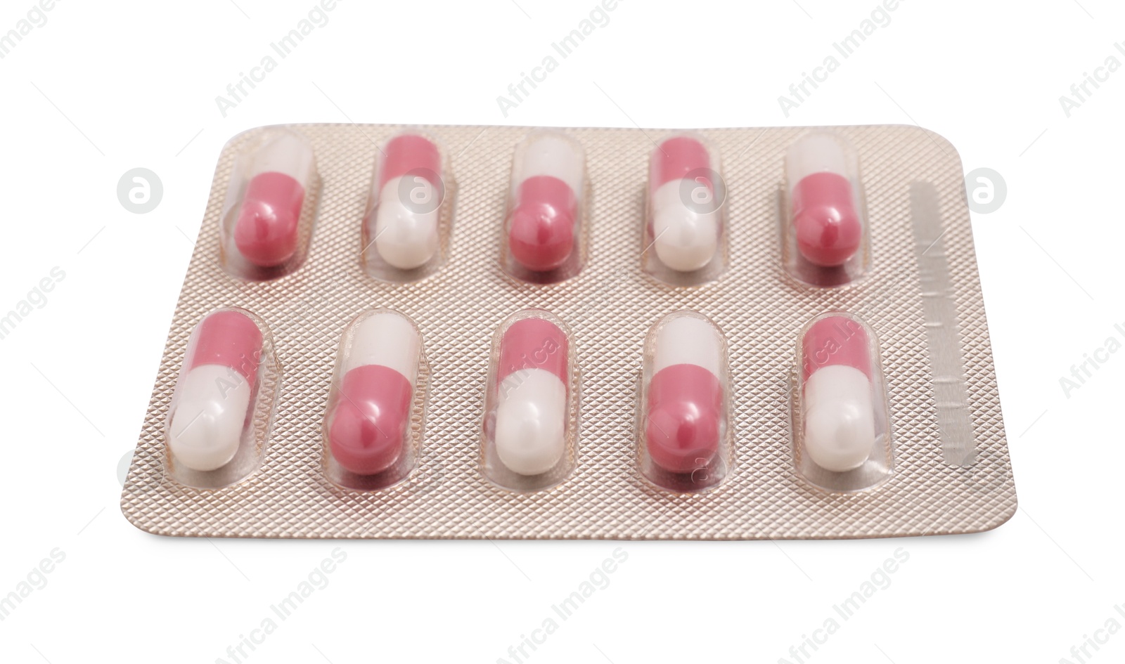 Photo of Antibiotic pills in blister isolated on white