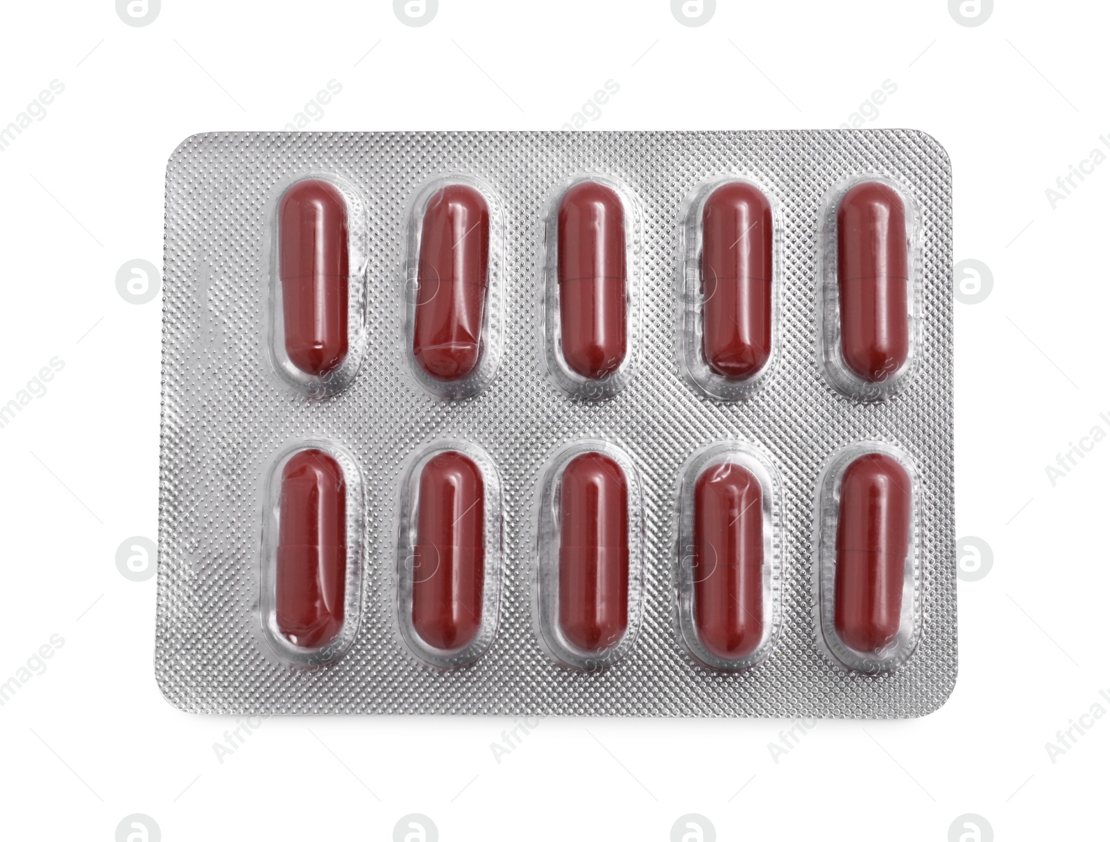 Photo of Antibiotic pills in blister isolated on white, top view