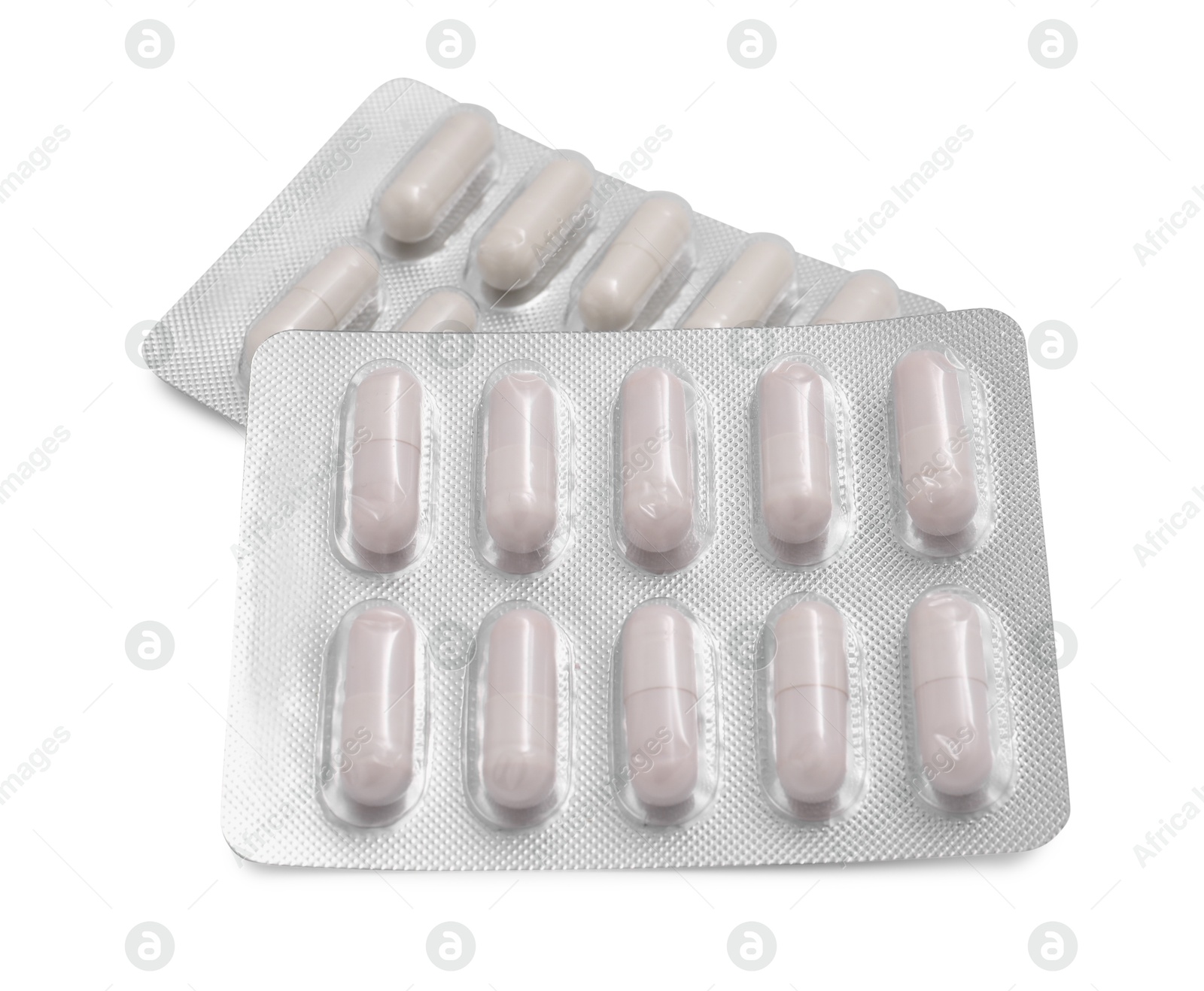 Photo of Antibiotic pills in blisters isolated on white