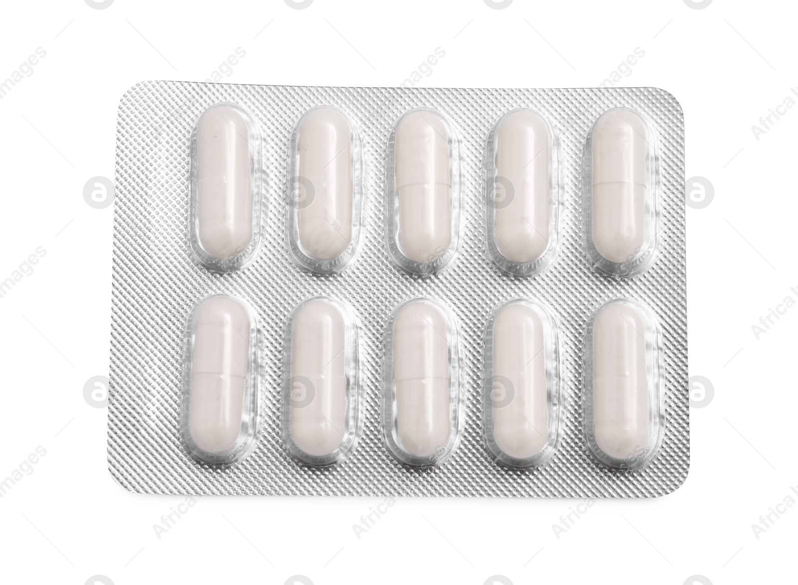 Photo of Antibiotic pills in blister isolated on white, top view