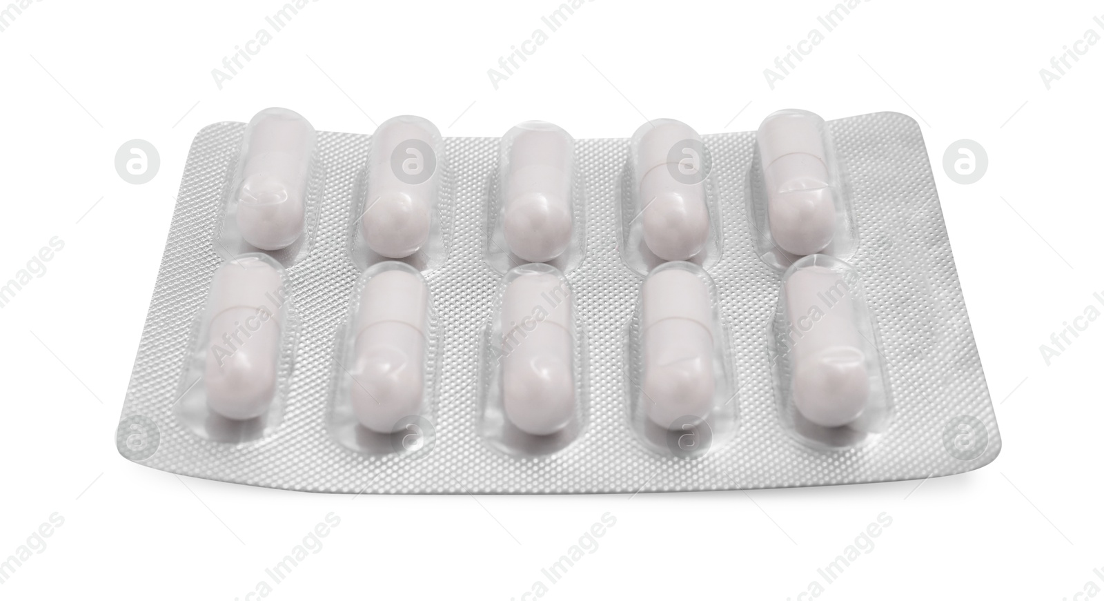 Photo of Antibiotic pills in blister isolated on white