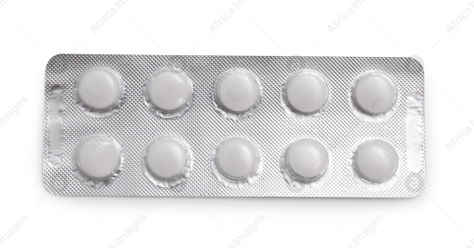 Photo of Antibiotic pills in blister isolated on white, top view