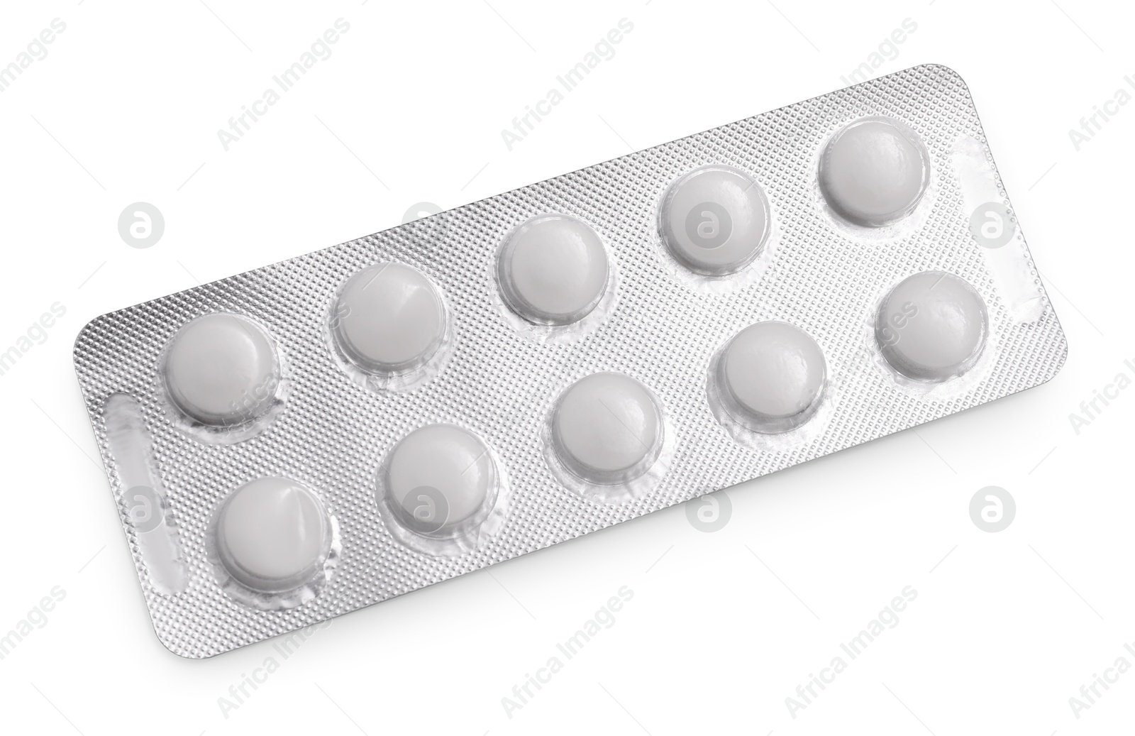 Photo of Antibiotic pills in blister isolated on white, top view