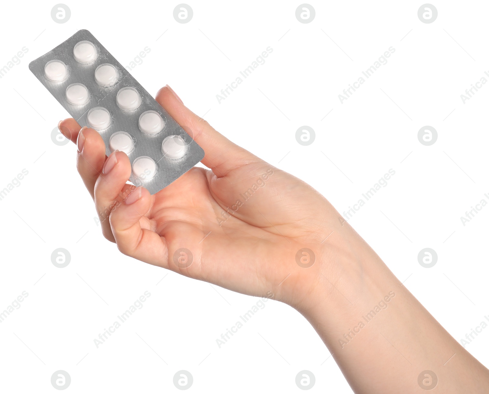 Photo of Woman with antibiotic pills on white background, closeup