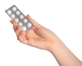 Photo of Woman with antibiotic pills on white background, closeup