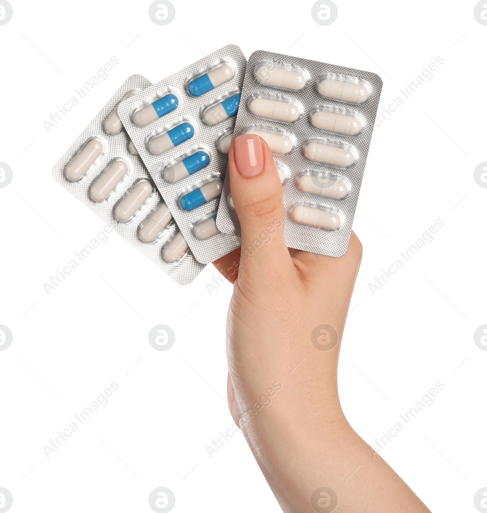 Photo of Woman with antibiotic pills on white background, closeup