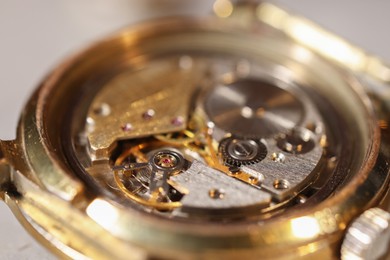 Mechanism of vintage wrist watch, closeup view