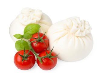 Photo of Fresh delicious burrata cheese, tomatoes and basil isolated on white