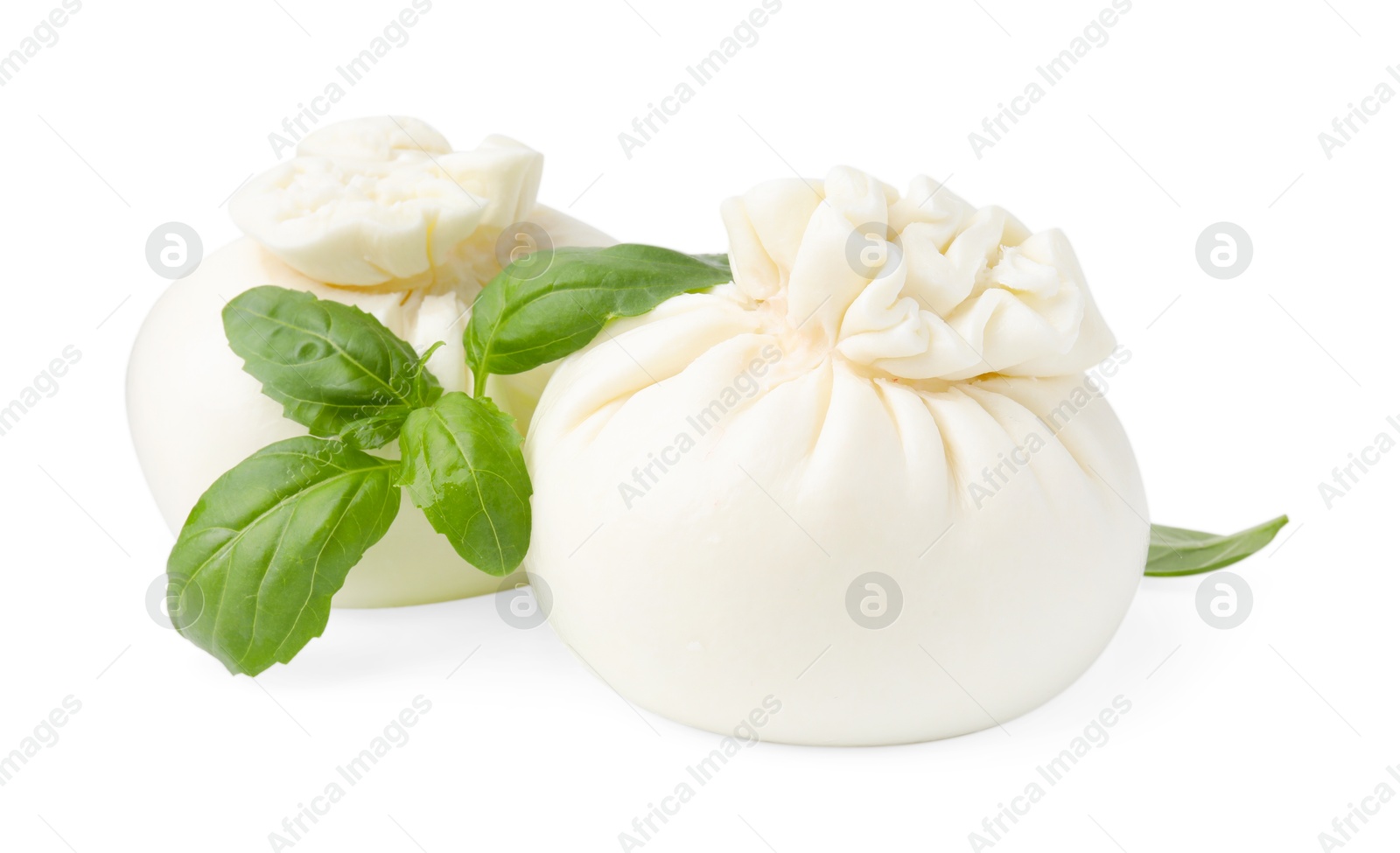 Photo of Fresh delicious burrata cheese and basil isolated on white