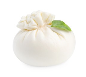 Photo of Fresh delicious burrata cheese and basil isolated on white