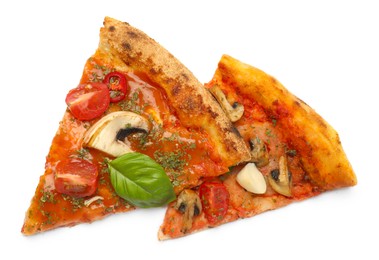 Photo of Pieces of tasty pizza with basil, mushroom, chili pepper and tomato isolated on white, top view