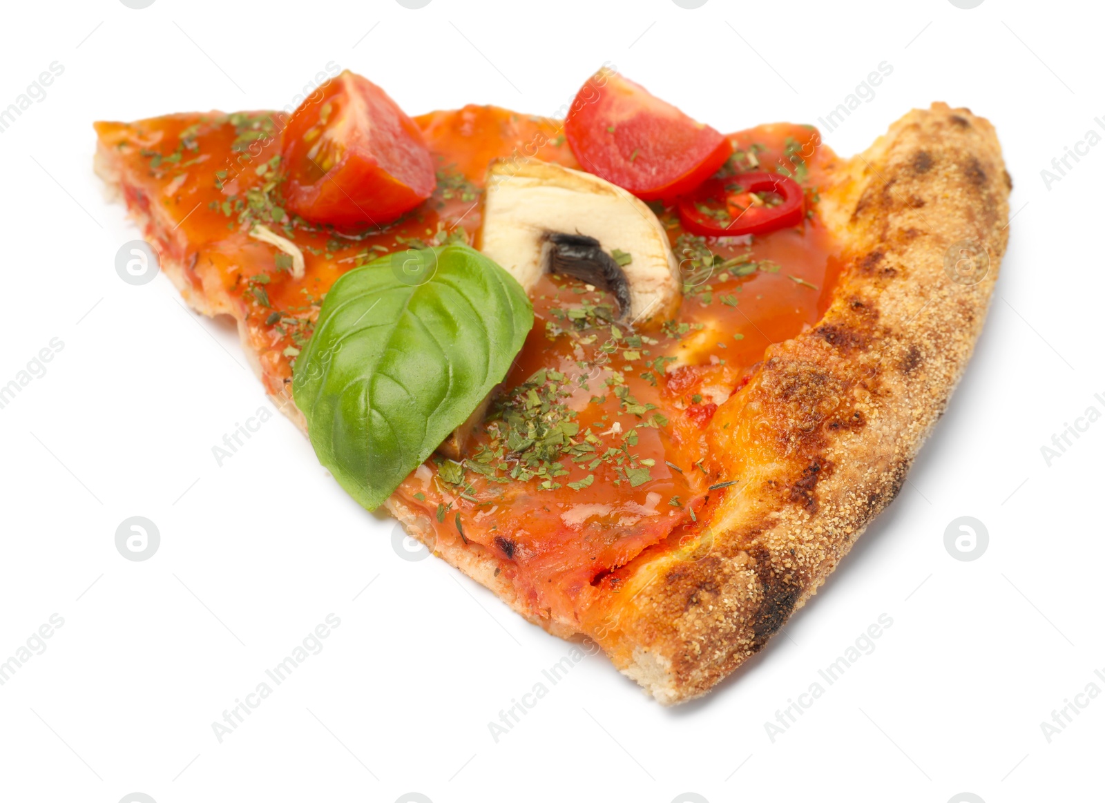 Photo of Piece of tasty pizza with basil, mushroom, chili pepper and tomato isolated on white