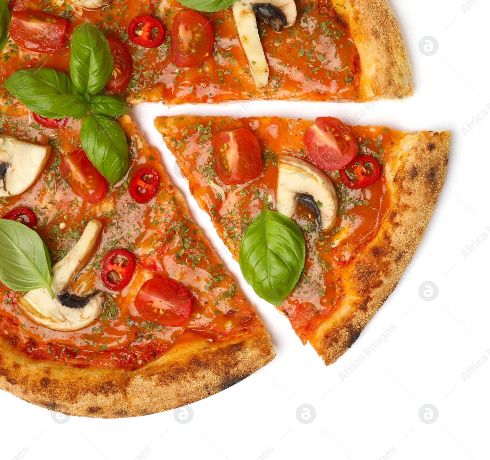 Photo of Tasty pizza with basil, mushrooms, chili pepper and tomato isolated on white, top view