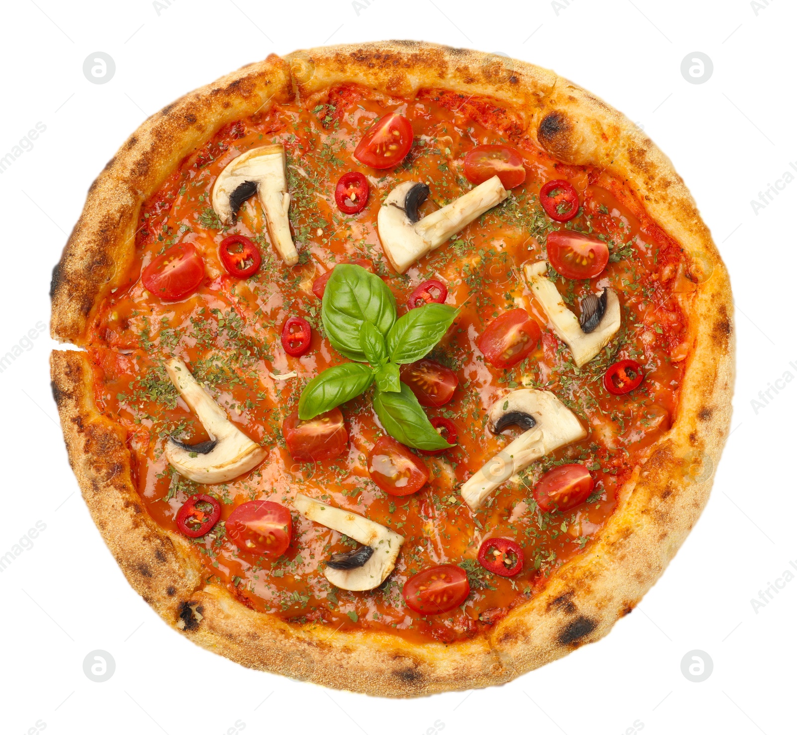 Photo of Tasty pizza with basil, mushrooms, chili pepper and tomato isolated on white, top view