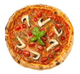 Photo of Tasty pizza with basil, mushrooms, chili pepper and tomato isolated on white, top view