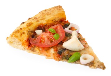 Photo of Piece of tasty pizza with basil, mushroom, onion and tomato isolated on white