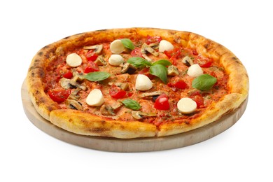 Photo of Tasty pizza with basil, mushrooms, mozzarella and tomato isolated on white