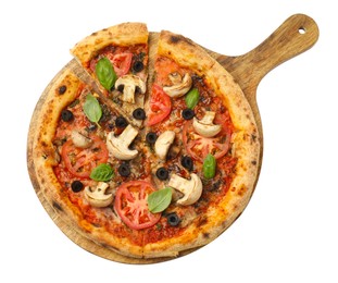 Photo of Tasty pizza with basil, mushrooms, olives and tomato isolated on white, top view