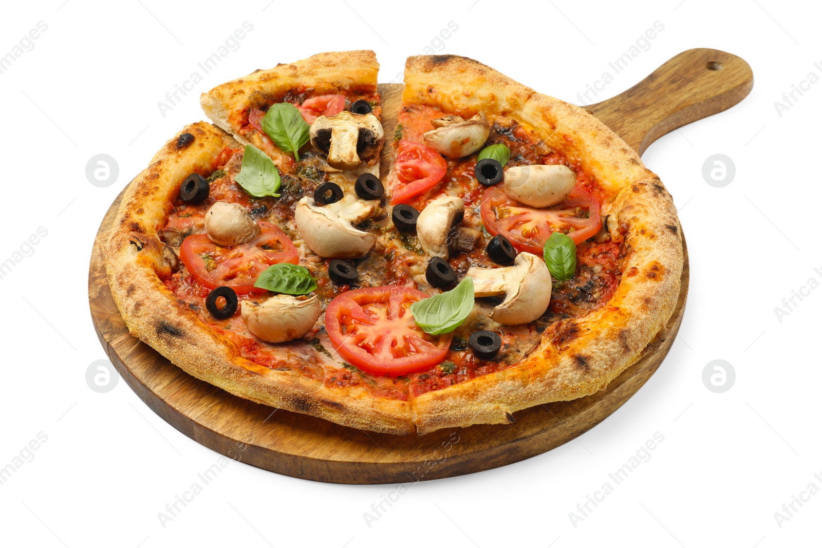 Photo of Tasty pizza with basil, mushrooms, olives and tomato isolated on white