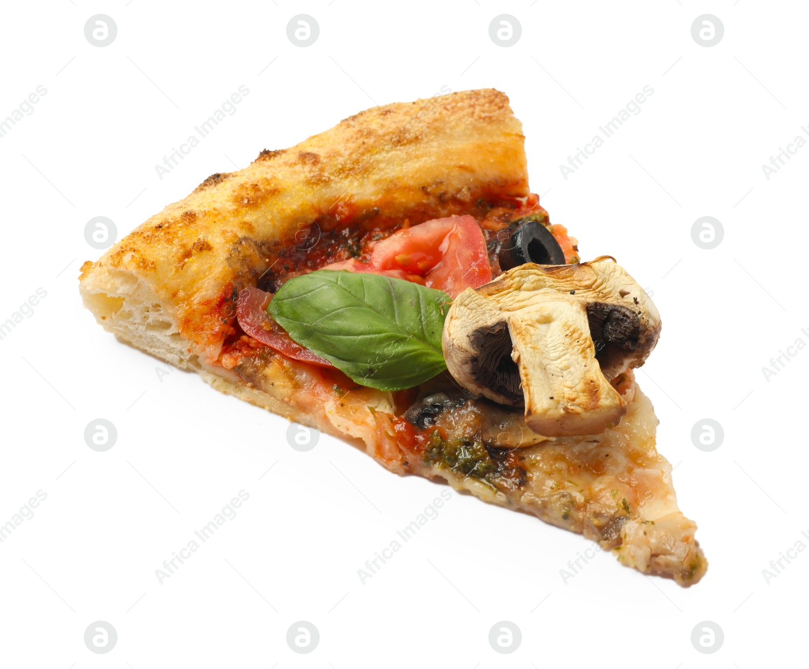 Photo of Piece of tasty pizza with basil, mushroom, olive and tomato isolated on white