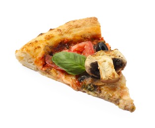 Piece of tasty pizza with basil, mushroom, olive and tomato isolated on white