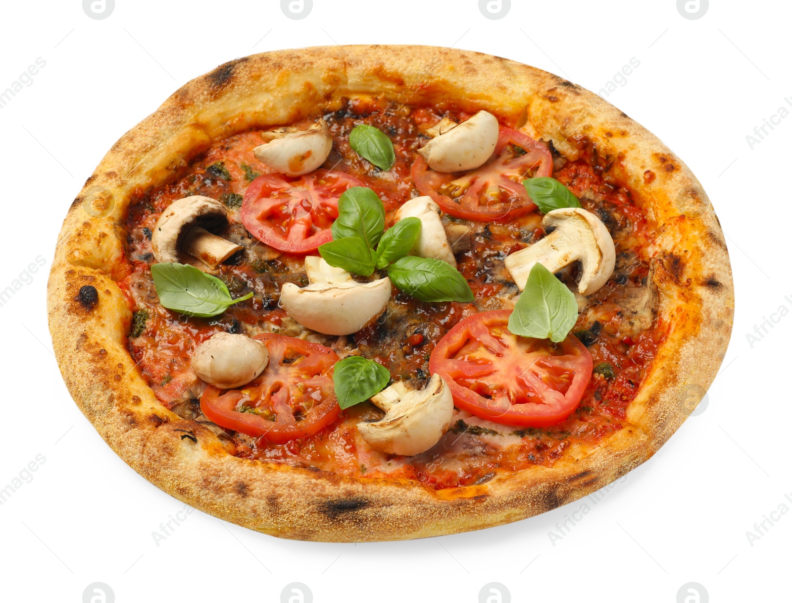 Photo of Tasty pizza with basil, mushrooms and tomato isolated on white