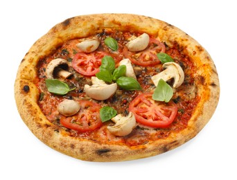 Photo of Tasty pizza with basil, mushrooms and tomato isolated on white