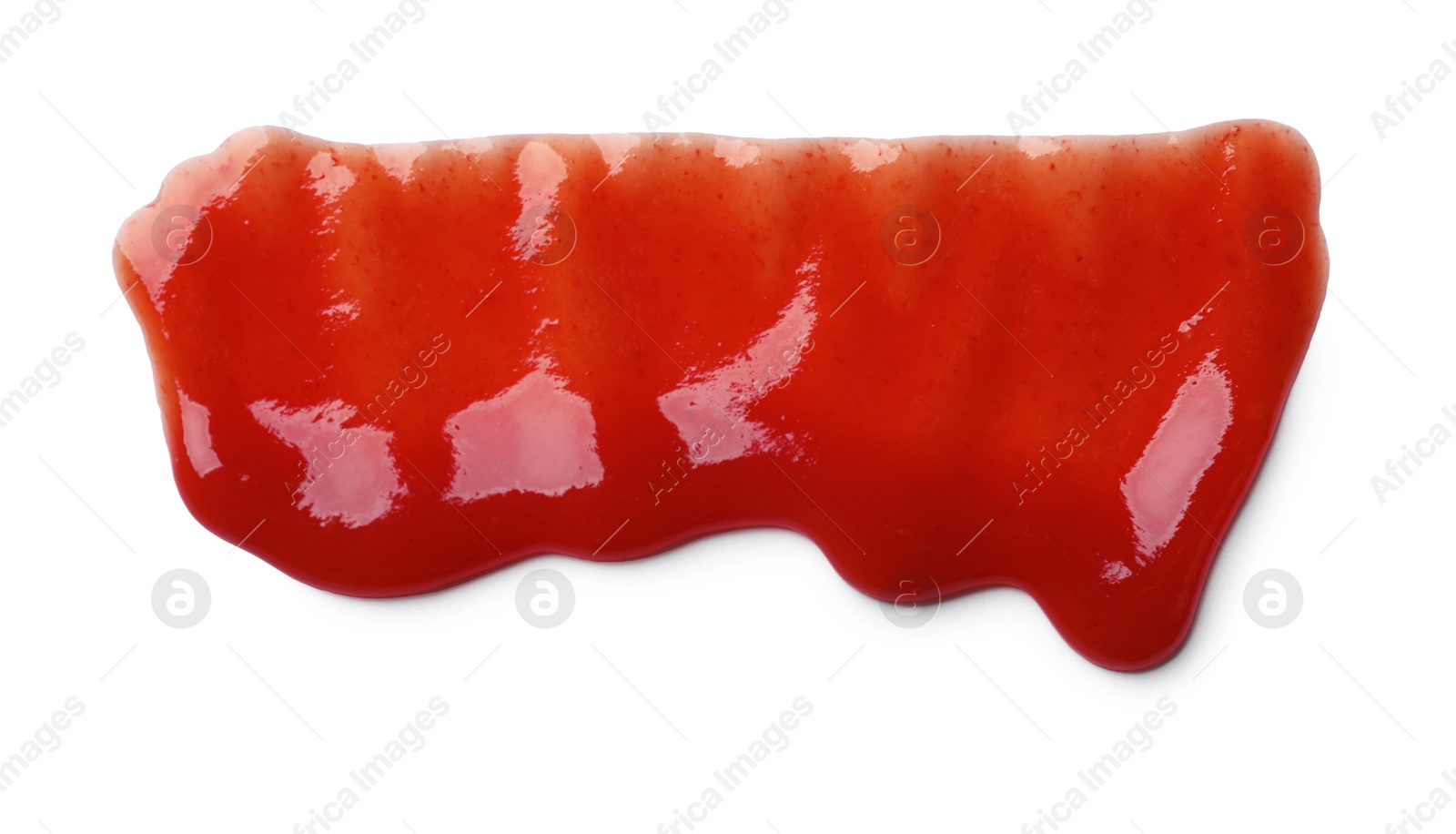 Photo of Tasty ketchup isolated on white, top view. Tomato sauce