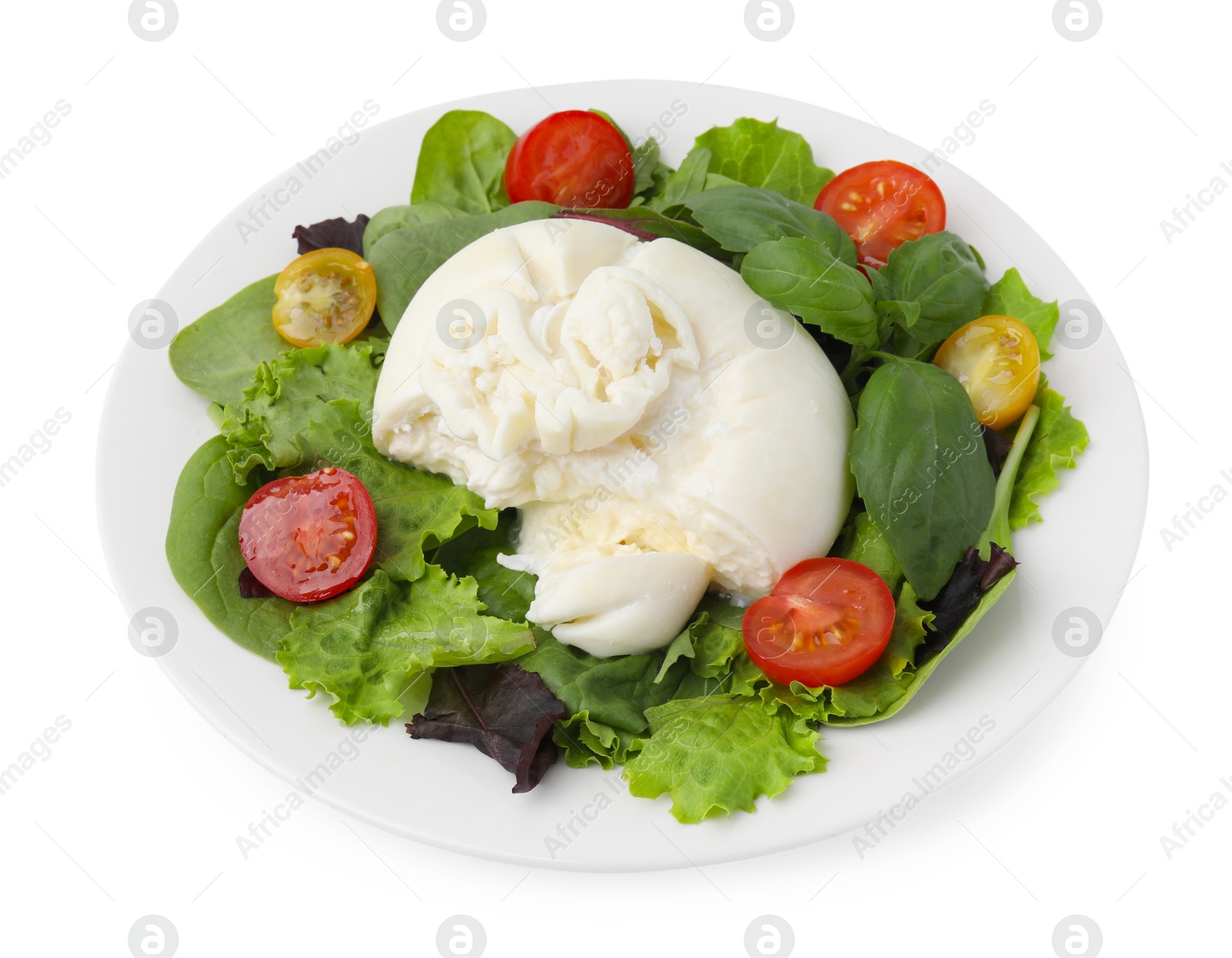 Photo of Delicious fresh burrata salad isolated on white