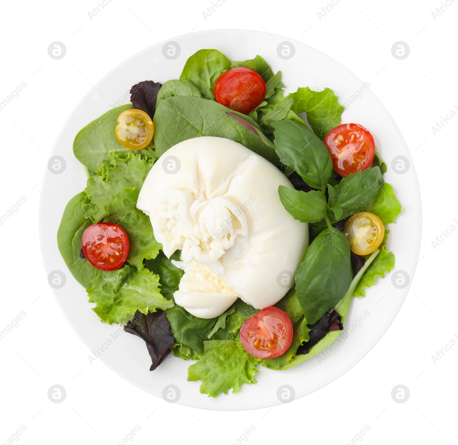 Photo of Delicious fresh burrata salad isolated on white, top view