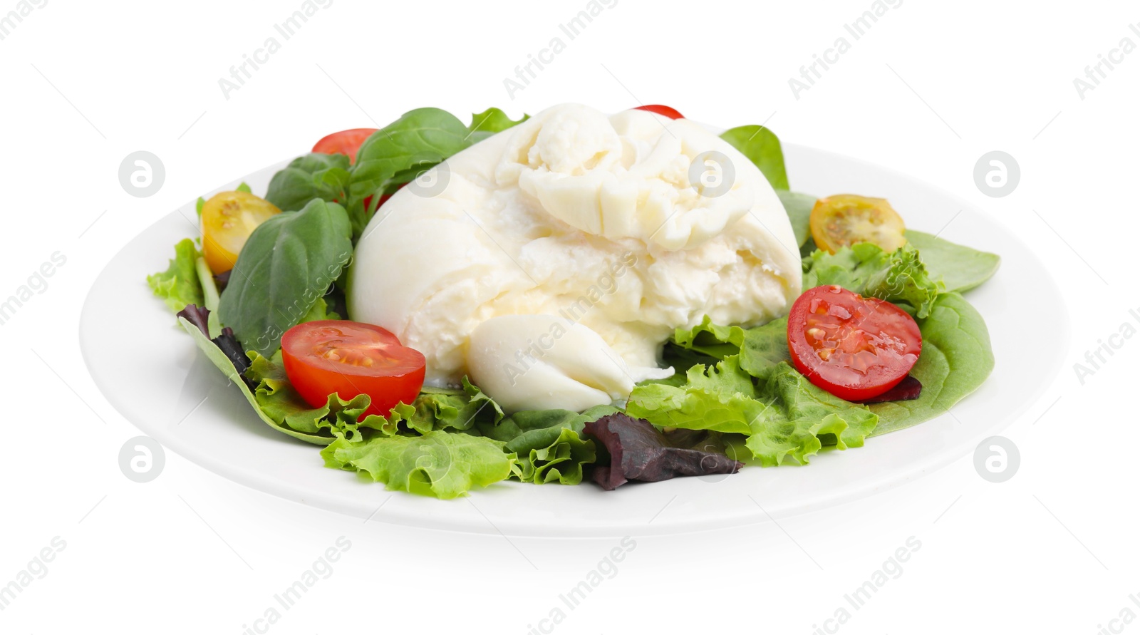 Photo of Delicious fresh burrata salad isolated on white